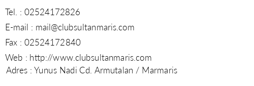 Club Sultan Maris telefon numaralar, faks, e-mail, posta adresi ve iletiim bilgileri